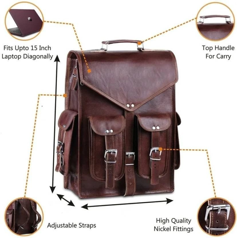 IndiFash - 12 x16 Inch 4 Pockets Dark Brown Handcrafted Leather Backpack | 100% Genuine Leather thumbnail 4