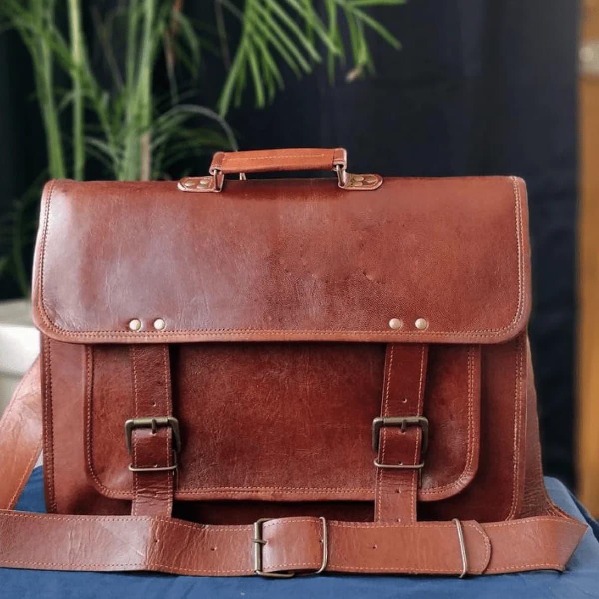 IndiFash - Double Strip Handcrafted Messenger Leather Bag (Brown) | 100% Genuine Leather