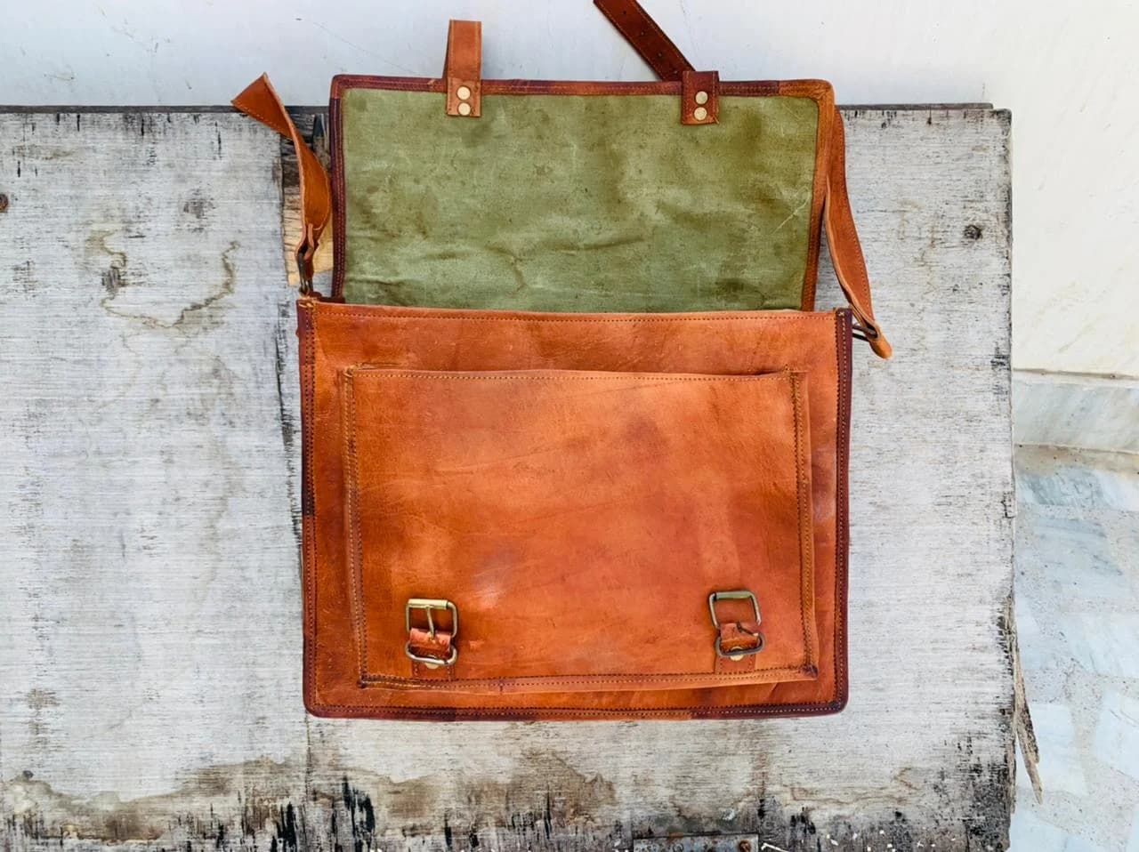 IndiFash - Double Strip Handcrafted Messenger Leather Bag (Brown) | 100% Genuine Leather thumbnail 2