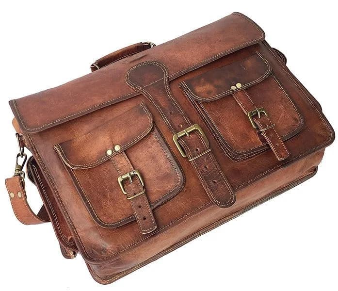 IndiFash - 15″ With Pocket Handcrafted Messenger Goat Leather Bag (Brown) | 100% Genuine Leather thumbnail 2