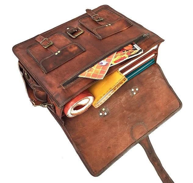 IndiFash - 15″ With Pocket Handcrafted Messenger Goat Leather Bag (Brown) | 100% Genuine Leather thumbnail 3
