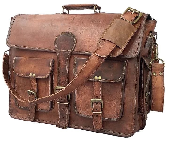 IndiFash - 15″ With Pocket Handcrafted Messenger Goat Leather Bag (Brown) | 100% Genuine Leather thumbnail 4