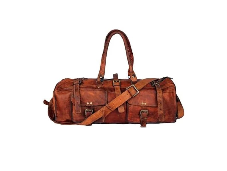IndiFash - 3 Outer Pockets 24″ (Expandable) Edge Handcrafted Duffle Goat Leather Bag | 100% Genuine Leather