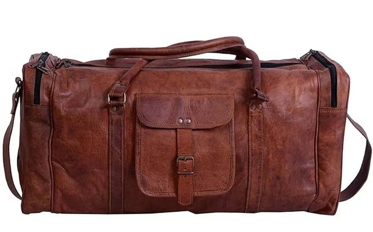 IndiFash - 28 Inch Handcrafted Curved Duffle Goat Leather Bag | 100 Genuine Leather thumbnail 2