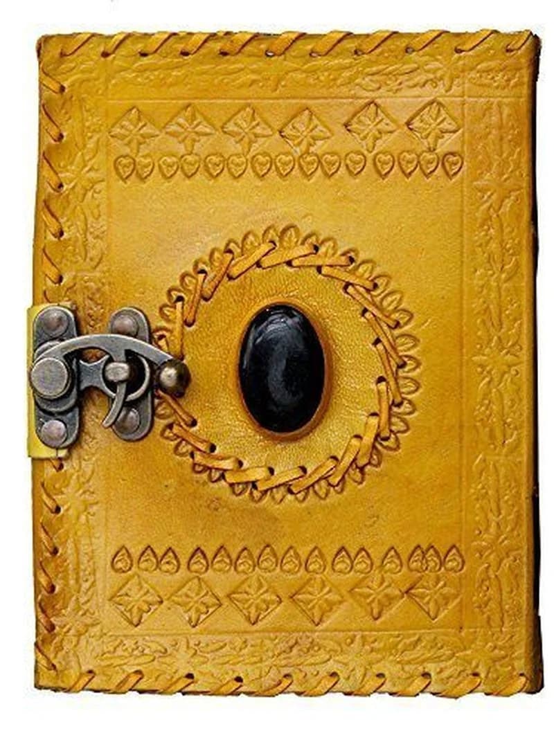 IndiFash - Metal Lock Single Stone Yellow Embossed Design 7″5 Handcrafted Leather Journal/Diary 100 page | 100% Genuine Leather thumbnail 3