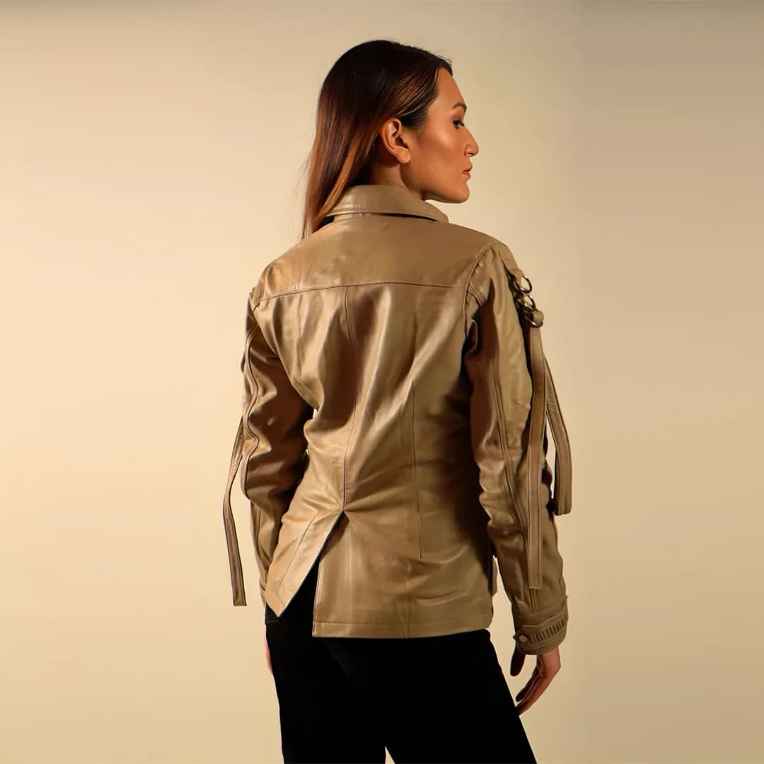 90 Feet Asha Loop Beige Leather Blazer Jacket for Women thumbnail 2