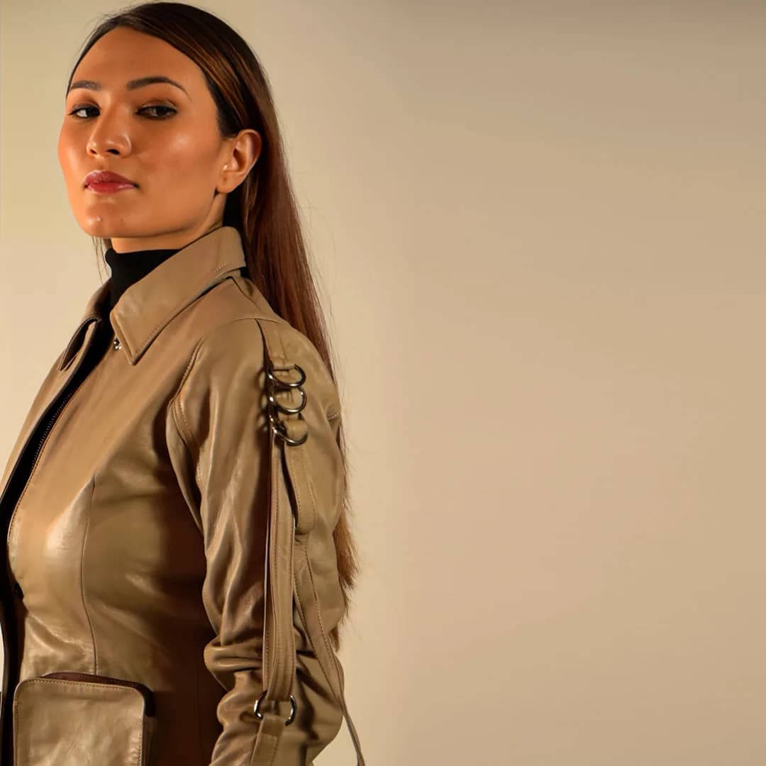 90 Feet Asha Loop Beige Leather Blazer Jacket for Women thumbnail 3