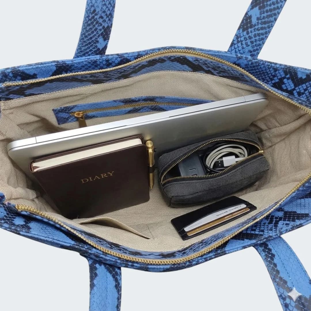 90 Feet Malini Quilted Blue Leather Tote Bag thumbnail 7