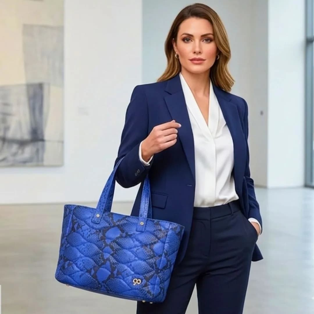 90 Feet Malini Quilted Blue Leather Tote Bag thumbnail 8