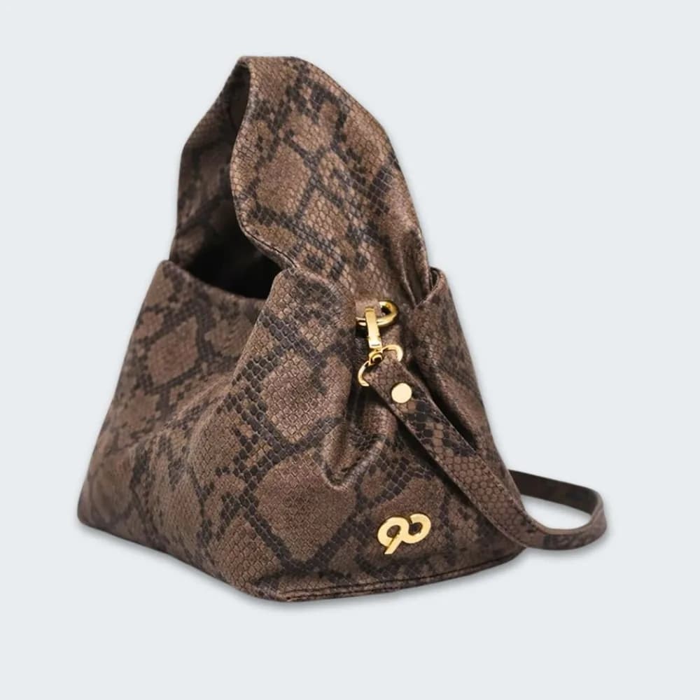 90 Feet Ruhi Brown Print Real Leather Bucket Sling/Potli Bag