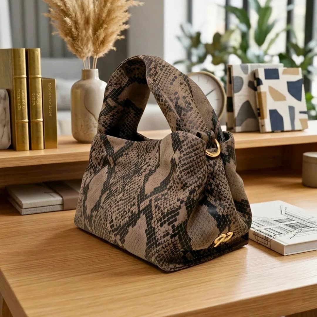90 Feet Ruhi Brown Print Real Leather Bucket Sling/Potli Bag thumbnail 8