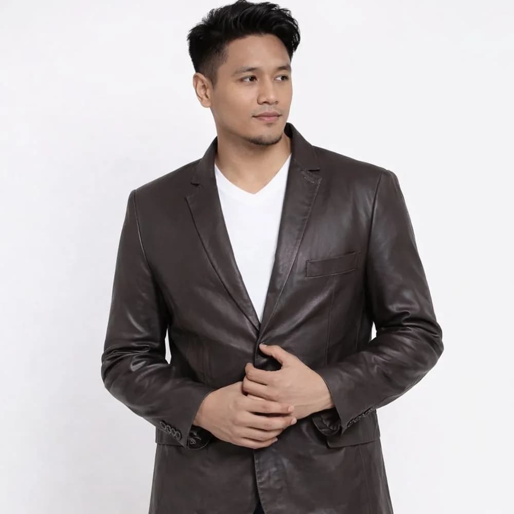 Adit Brown Genuine Leather Blazer for Men