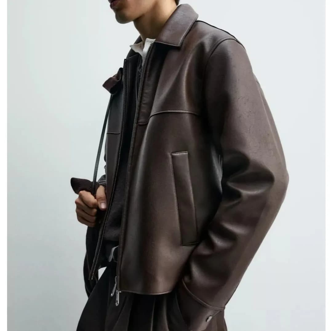 Aman Brown Loose Fit Genuine Leather Jacket for Men thumbnail 3