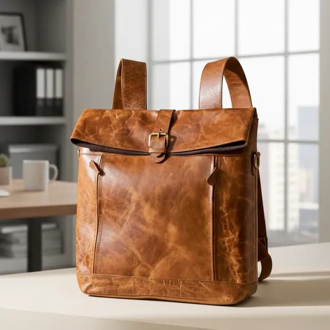 Becko Full Grain Leather Rolltop Backpack - Classic Black Urban Style thumbnail 2