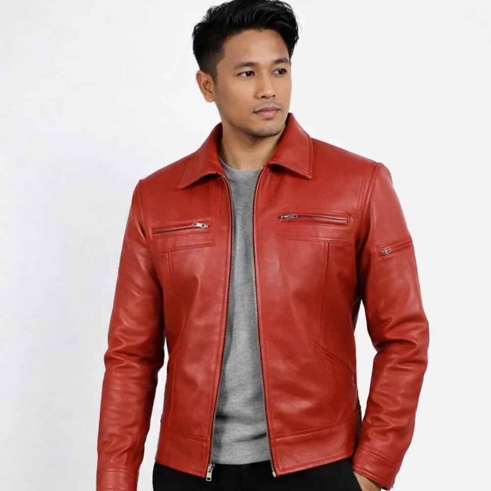 Bhavyash Red Genuine Leather Jacket for Men