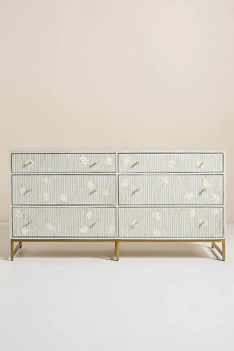 Bone Inlay Chest of 6 Drawers Flower Design Table in Grey Color