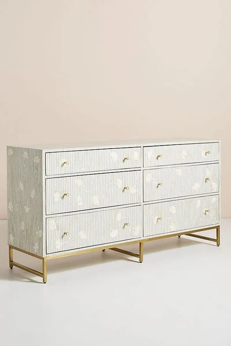 Bone Inlay Chest of 6 Drawers Flower Design Table in Grey Color thumbnail 2