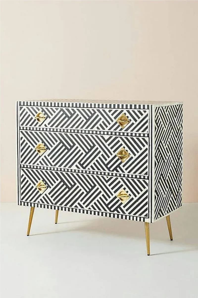 Bone Inlay Chest of 3 Drawers Stripe Line Design in Black Color thumbnail 3