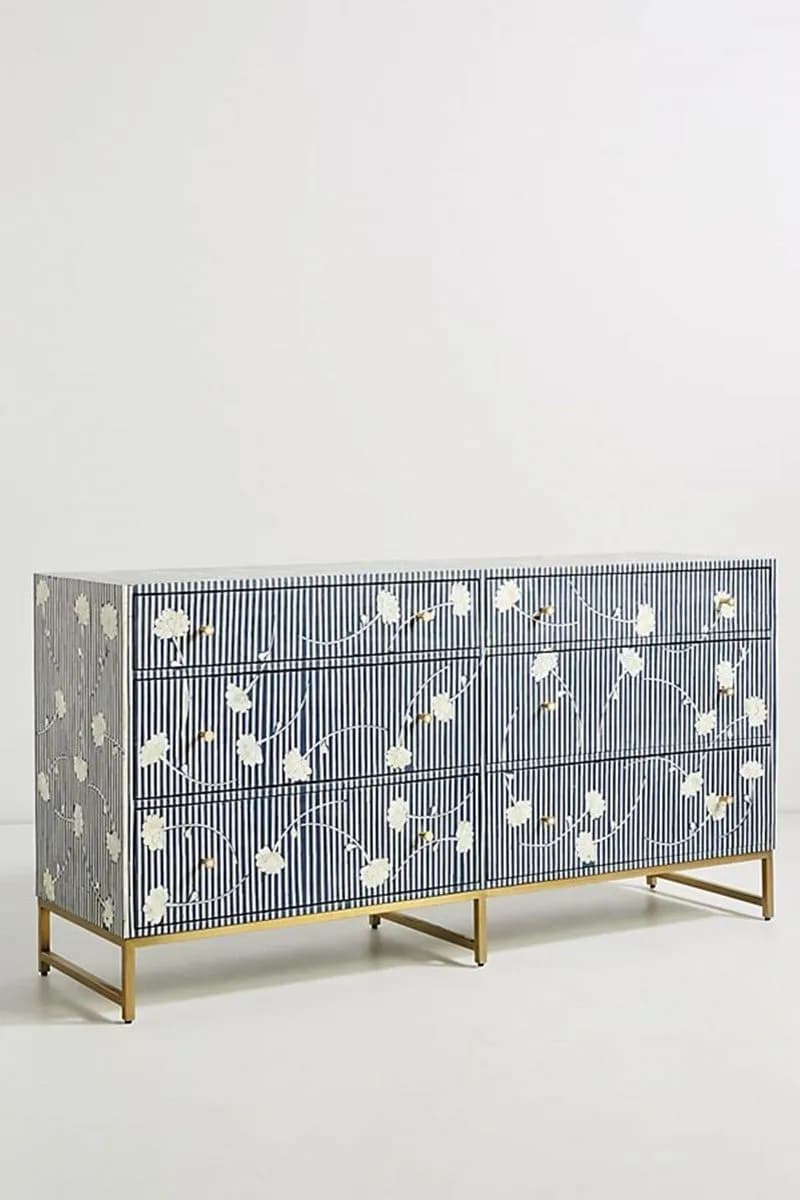 Bone Inlay Chest of 6 Drawers Flower Design Table in Indigo Blue Color thumbnail 2