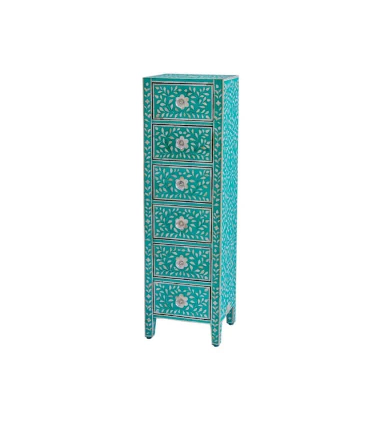 Bone Inlay Chest of 6 Drawers Tall Boy in Teal Green color