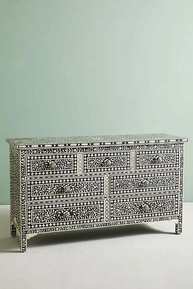 Bone Inlay Chest of 7 Drawers Floral Design in Black Color