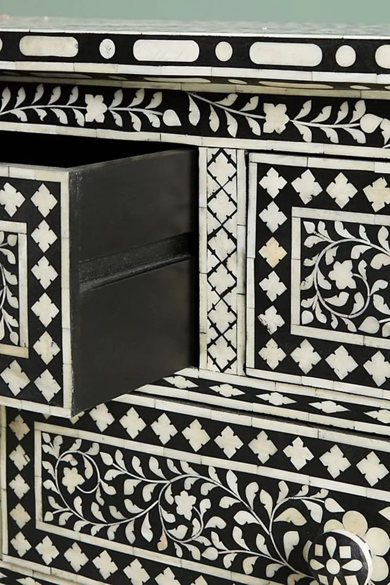 Bone Inlay Chest of 7 Drawers Floral Design in Black Color thumbnail 2