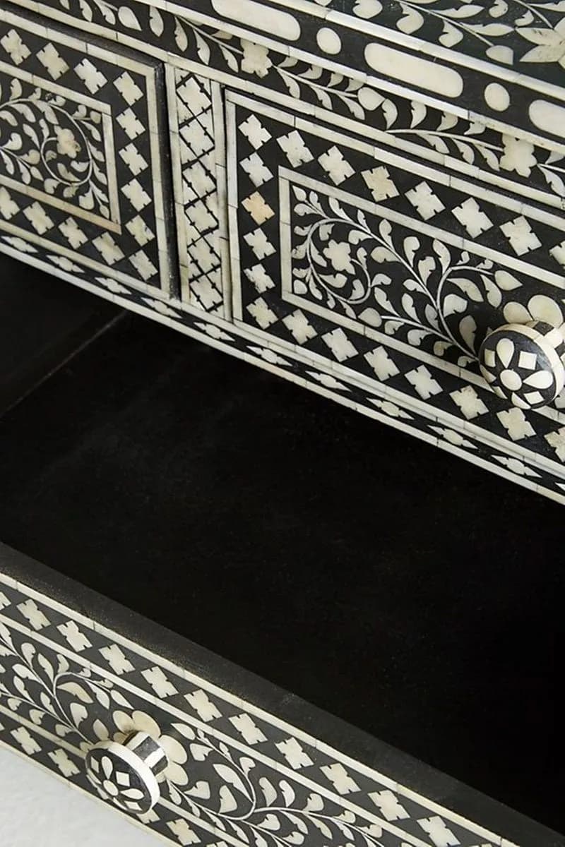 Bone Inlay Chest of 7 Drawers Floral Design in Black Color thumbnail 3