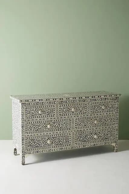 Bone Inlay Chest of 7 Drawers Floral Design in Grey Color