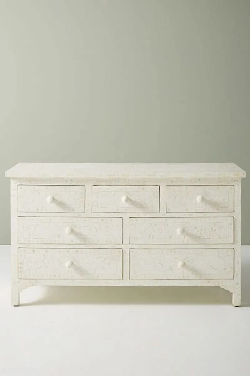 Bone Inlay Chest of 7 Drawers Floral Design in White Color