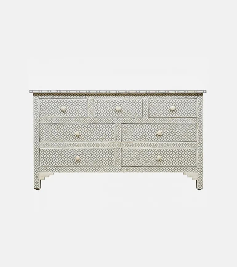 Bone Inlay Chest of 7 Drawers Geometric Design in Grey Color