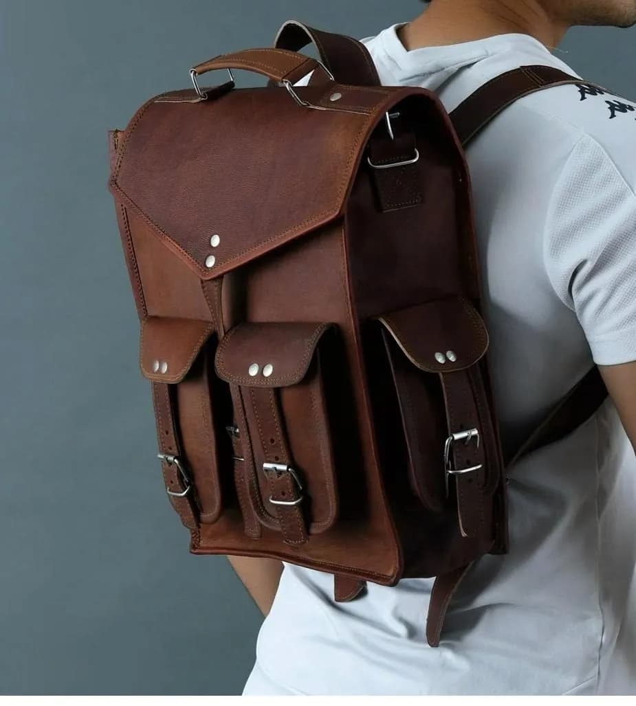 IndiFash - 10 x 13 Inch 4 Pockets Dark Brown Handcrafted Leather Backpack | 100% Genuine Leather thumbnail 2