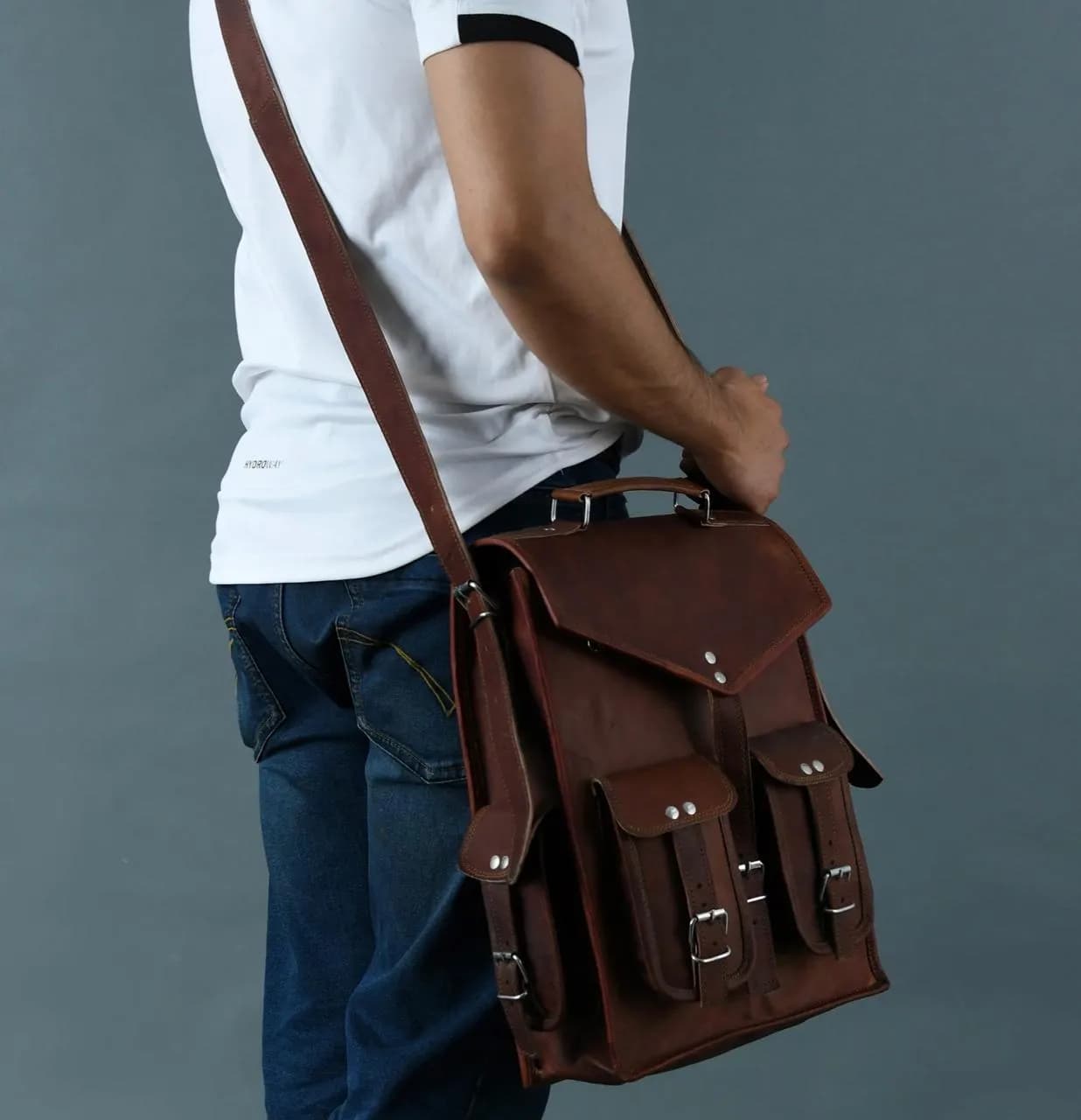 IndiFash - 10 x 13 Inch 4 Pockets Dark Brown Handcrafted Leather Backpack | 100% Genuine Leather thumbnail 3