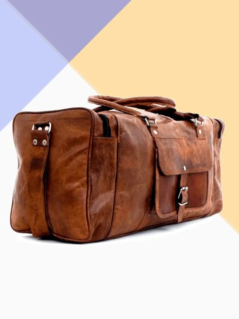 IndiFash - 20 inch 3 Outer Pockets (Expandable) Edge Handcrafted Duffle Goat Leather Bag | 100% Genuine Leather thumbnail 2