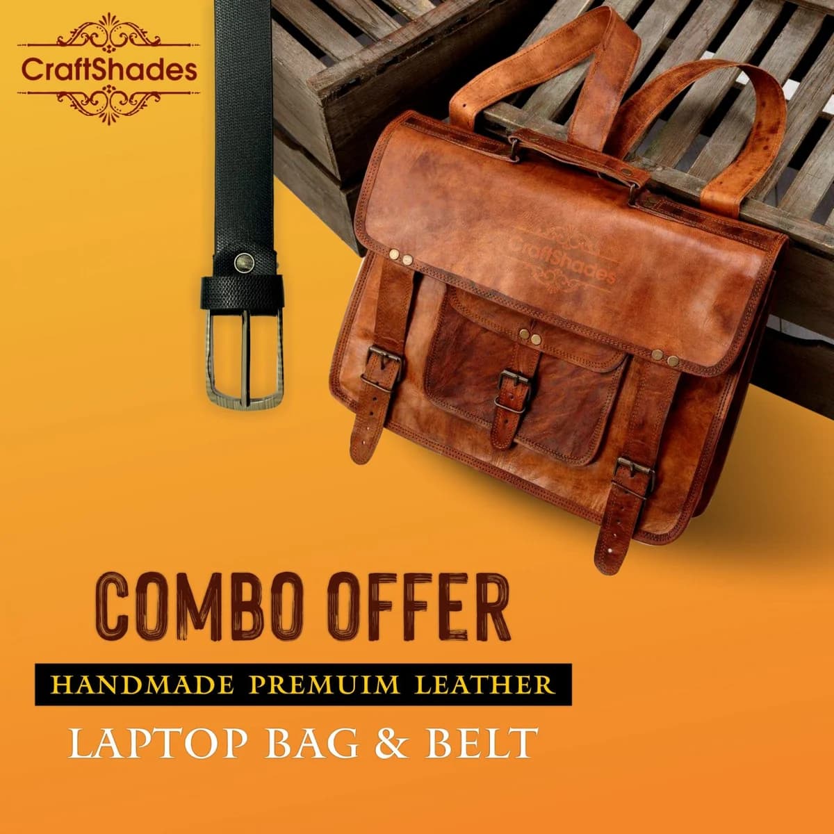 IndiFash Combo Offer - 15 Inch Handmade Leather Laptop Bag, & Belt