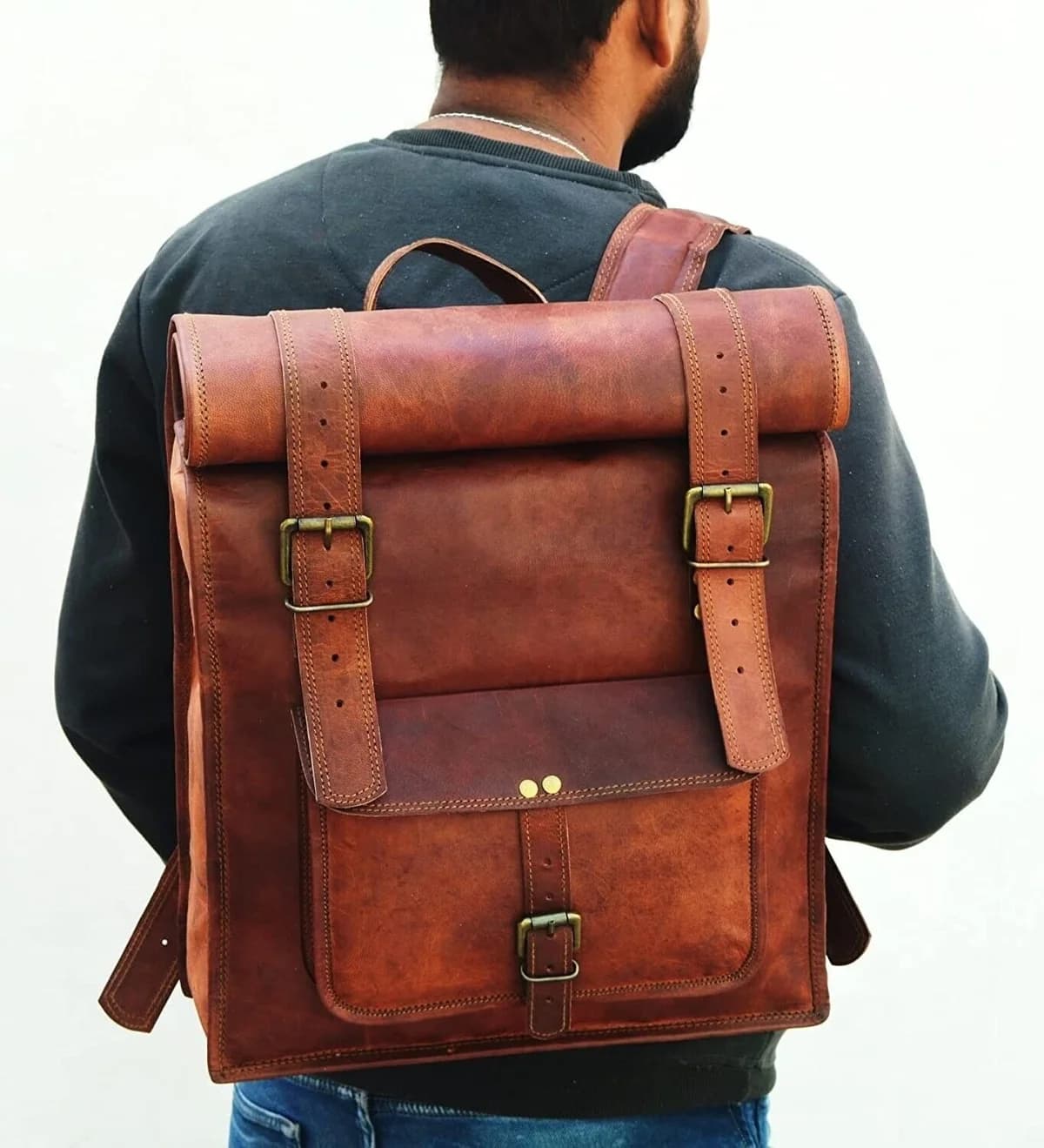 IndiFash - 14*24 Inch 100% Genuine Roll Leather Shoulder Backpack | Unisex thumbnail 3