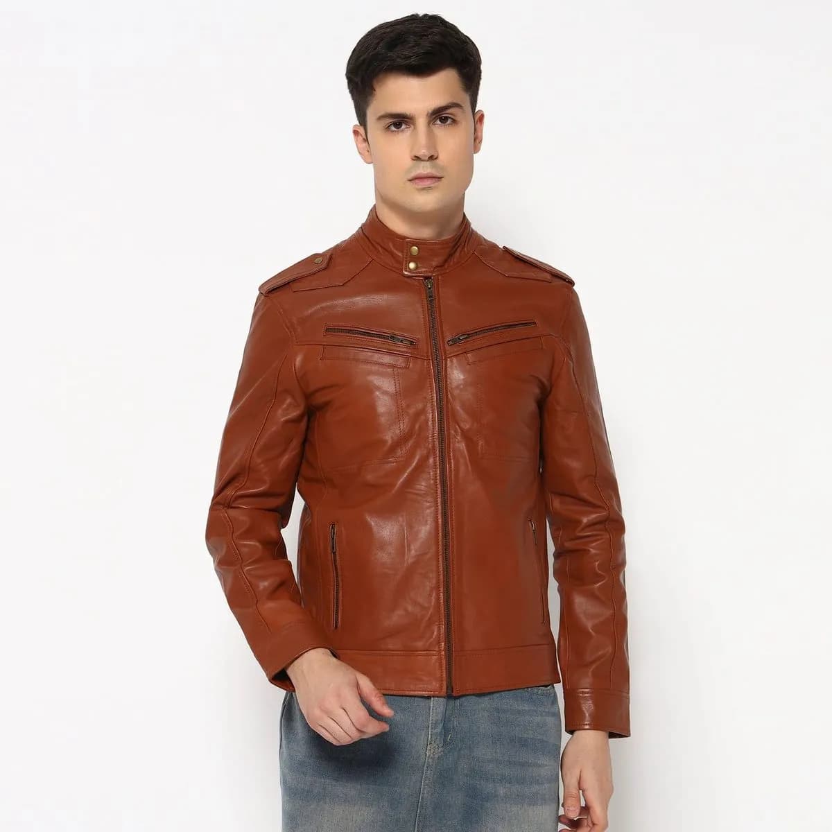 Men Brown Genuine Leather Biker Jacket