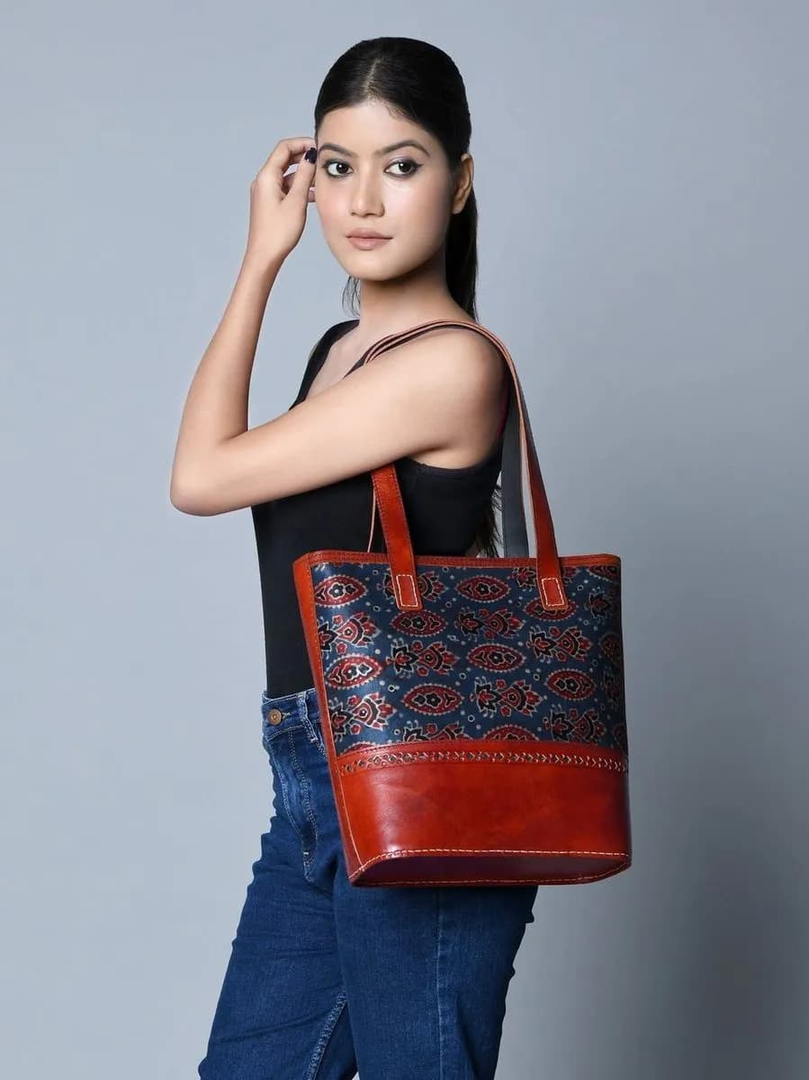 Neela Ajrakh Leather Tote Bag thumbnail 2