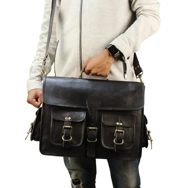 IndiFash - 11*15 Inch 4 Pockets Handcrafted Leather Bag| 100% Genuine Leather thumbnail 2
