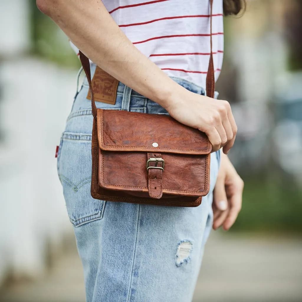 IndiFash - 5*7 inch Pocket Handcrafted Sling Goat Leather Bag (Tan) | 100% Genuine Leather thumbnail 2