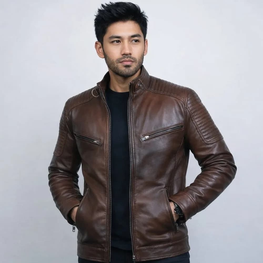 Vayu Dual Tone Brown Genuine Leather Moto-Racer Jacket for Men
