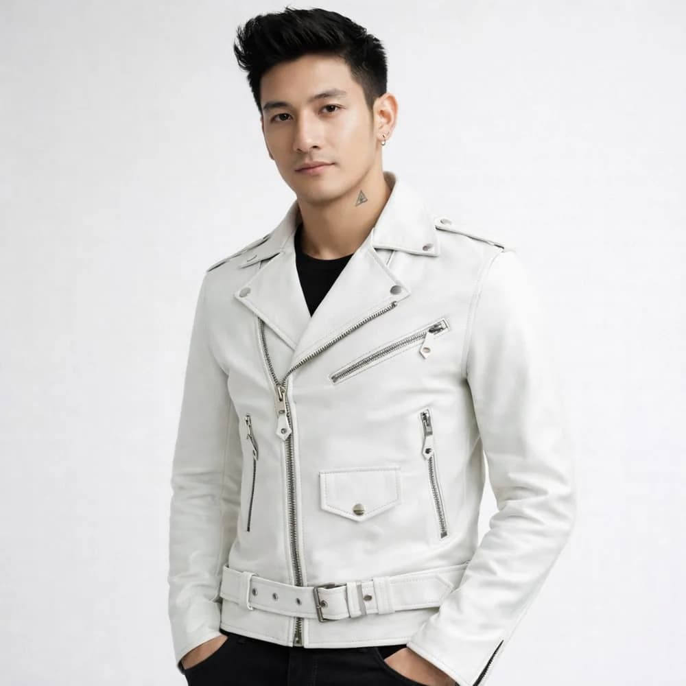Yoel Mens Stylish Casual White Leather Biker Jacket