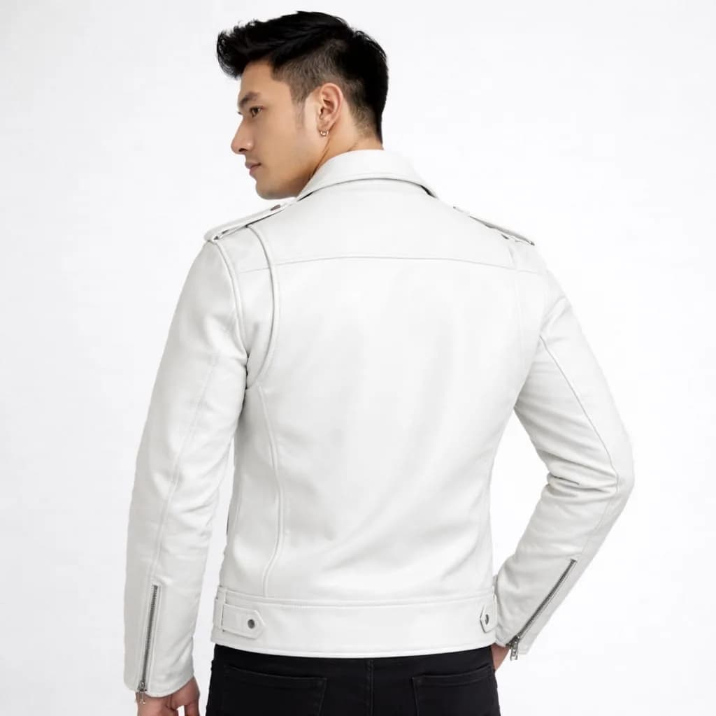 Yoel Mens Stylish Casual White Leather Biker Jacket thumbnail 2