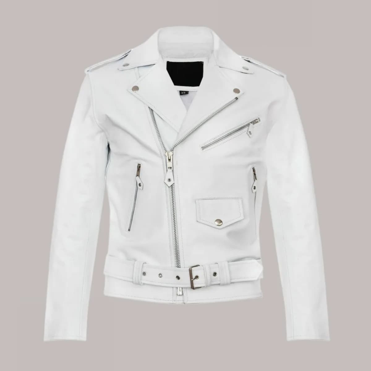 Yoel Mens Stylish Casual White Leather Biker Jacket thumbnail 5