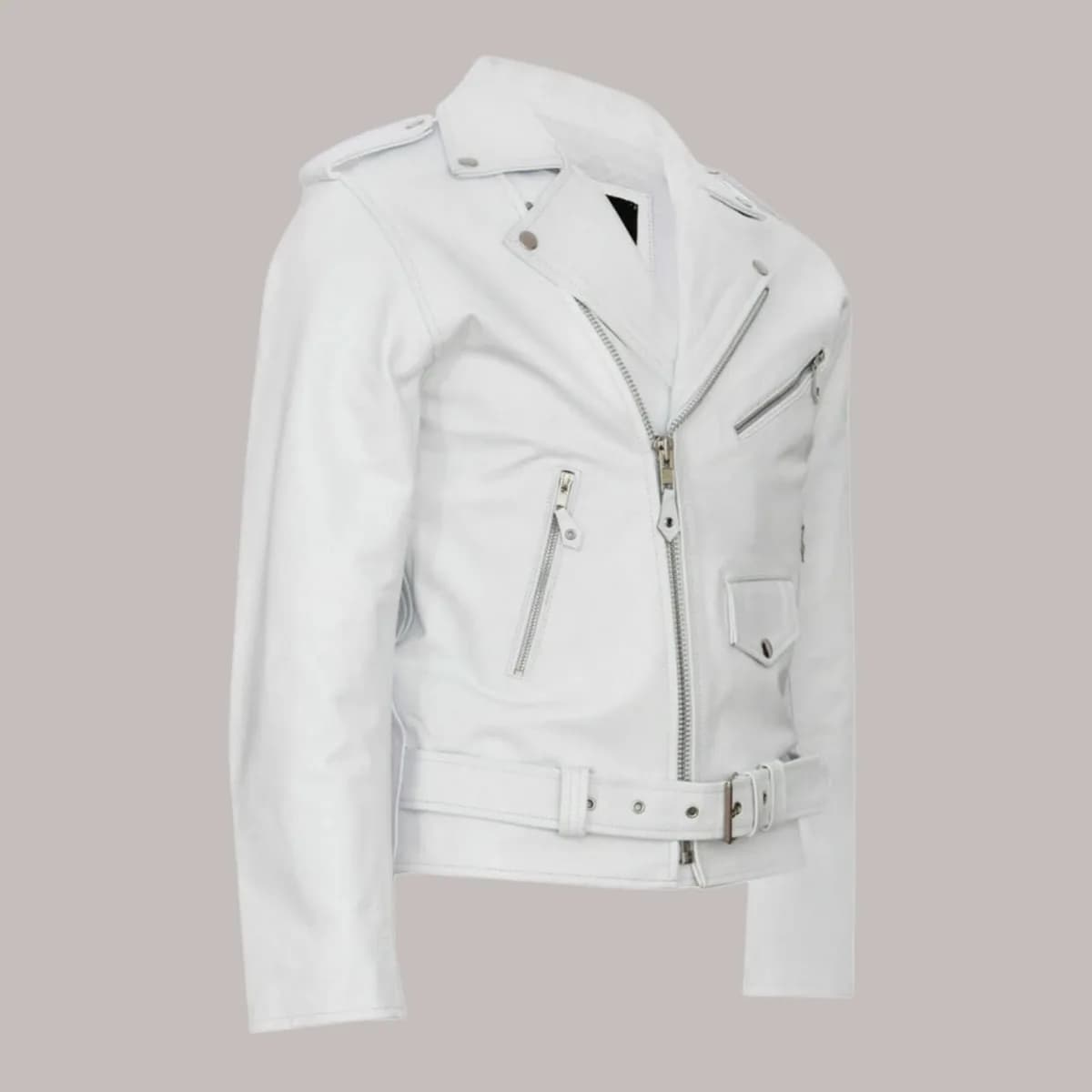 Yoel Mens Stylish Casual White Leather Biker Jacket thumbnail 7