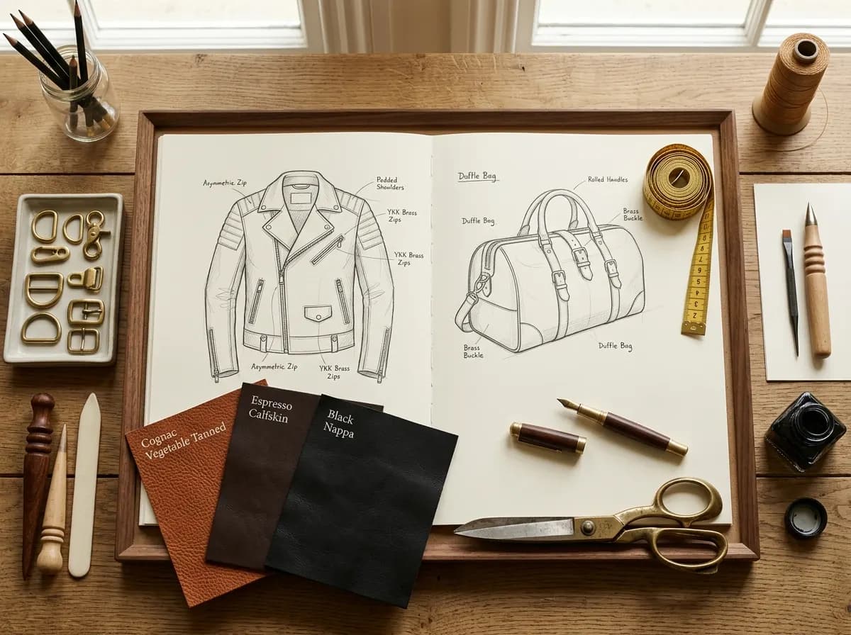 Bespoke Leather Design Studio — Sketches, Hides and Tools
