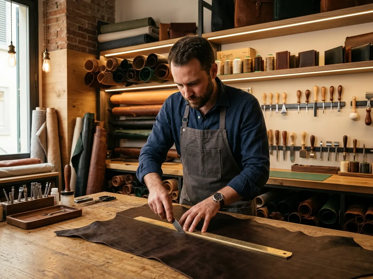 Master leather craftsman precision cutting hides