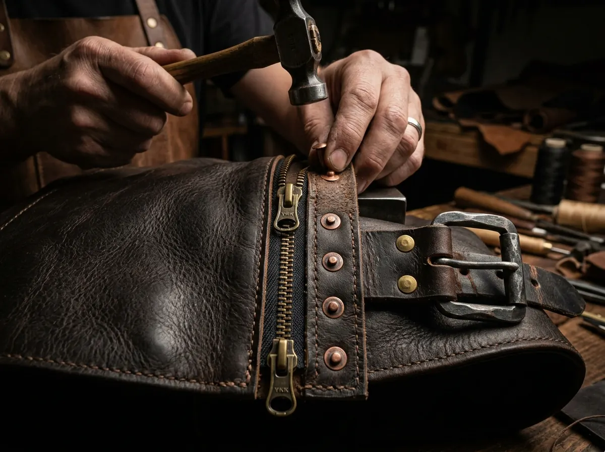 Custom antique brass metallurgy and YKK hardware