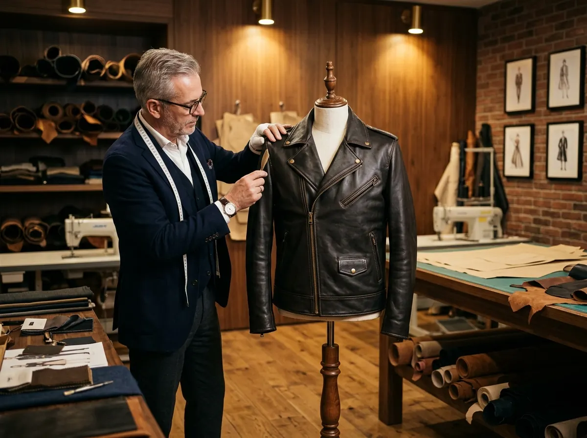 Final quality inspection on bespoke leather jacket