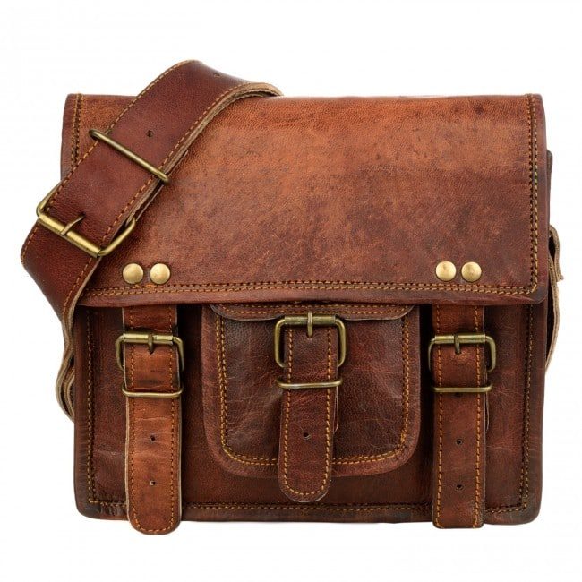 IndiFash - 11*15 Inch Front Pocket Handcrafted Mini Satchel Goat Leather Bag | 100% Genuine Leather