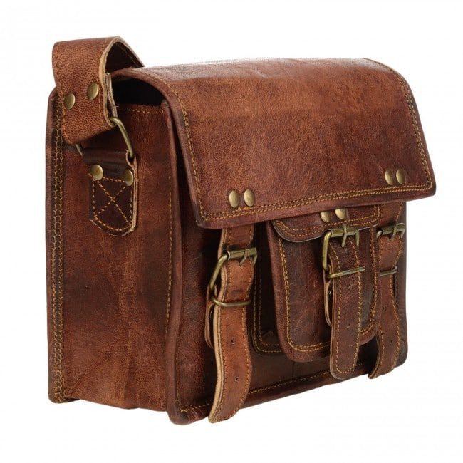 IndiFash - 11*15 Inch Front Pocket Handcrafted Mini Satchel Goat Leather Bag | 100% Genuine Leather thumbnail 2